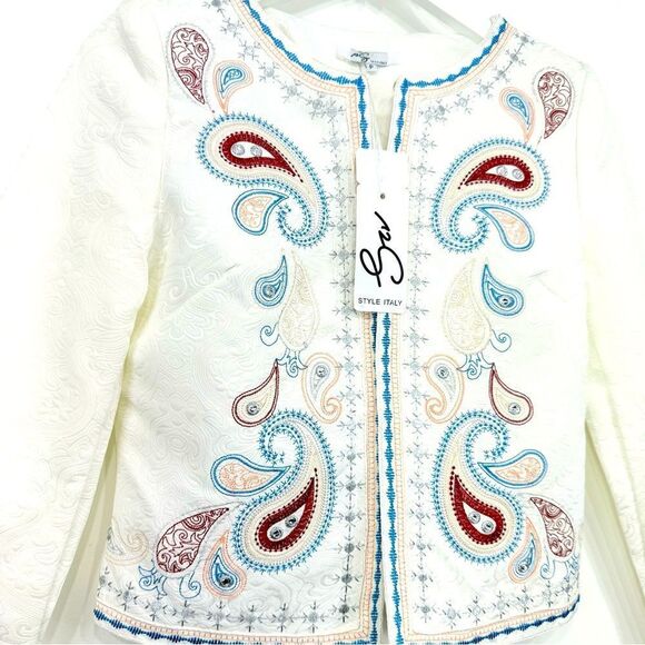 Style Italy White Brocade Colorful Metallic Embroidered Paisley Blazer - Picture 9 of 16